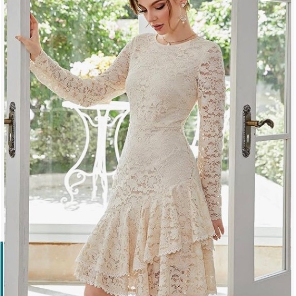 TICOSA Dresses & Skirts - 🌹2X HOST PICK🌹TICOSA BEIGE LACE DRESS WITH RUFFLE LAYERED LACE HEM/SZ L